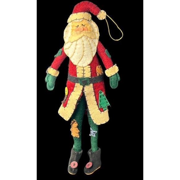 Vintage Skinny Felt Patchwork Hand Sewn Santa Clause Ornament 12" Handmade - Picture 1 of 8
